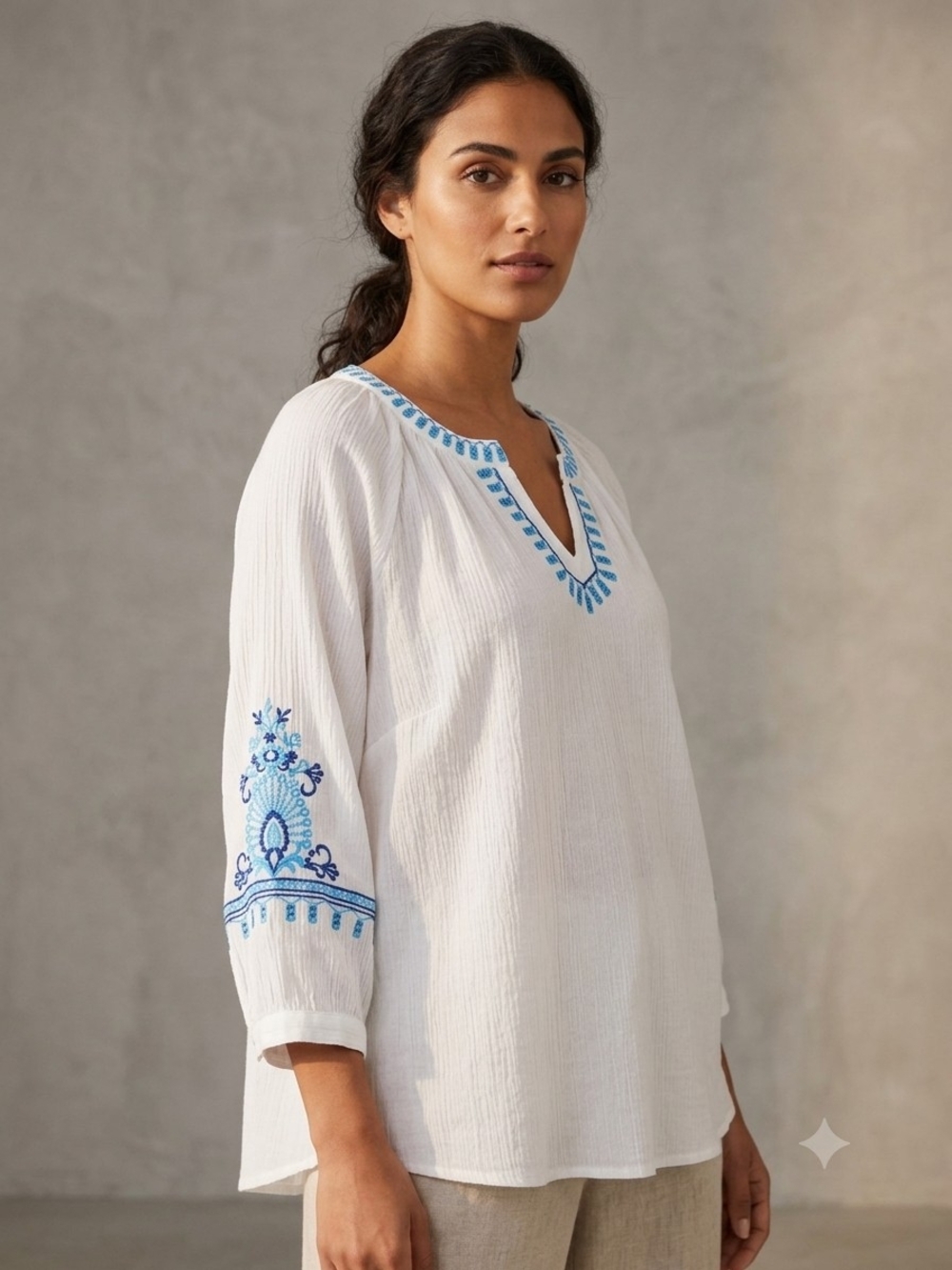 White Embroidered V-Neck Peasant Top - White/Blue